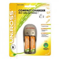 Uniross Compact Charger + 2 x AA 1600 mAh Multi Usage Rechargeable Batteries